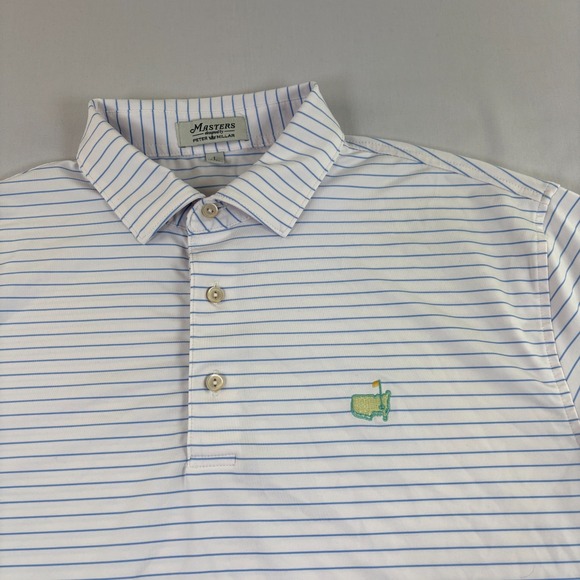 Masters Peter Millar Shirt Mens Large White Blue Striped Golf Polo Performance - Picture 3 of 10